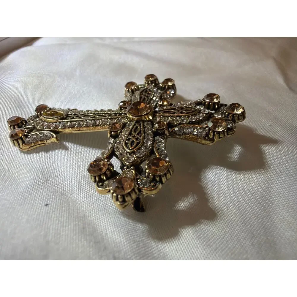 Vintage Gold Tone Cross Brooch Amber Clear Rhinestone Filigree Religious Pin